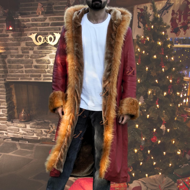 men red leather hooded coat, genuine sheepskin leather outerwear, faux shearling lining jacket, long vintage 80s coat, unisex winter fashion piece, front view hood up style, soft faux fur cuffs detail, bold red statement coat, casual streetwear styling, cold weather winter outfit, relaxed fit long coat, boho inspired outerwear, retro vintage jacket design, cozy warm winter wear, fashion forward unisex coat, red sheepskin leather coat for men, hooded winter jacket with synthetic fur interior,