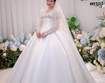 Long Sleeve Pearl Wedding Dress, Ball Gown Bridal Gown with Beaded Lace Bodice, Elegant Modest Princess Wedding Dress, Custom Handmade Gown