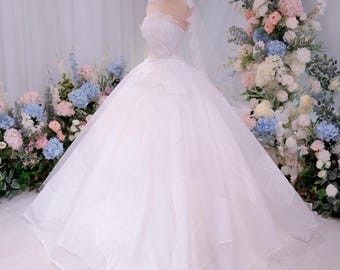 Strapless baljurk trouwjurk | 3D-bruidsjurk met bloemenappliqué | Tule rok prinses trouwjurk | Op maat gemaakte bruidsjurk voor bruid