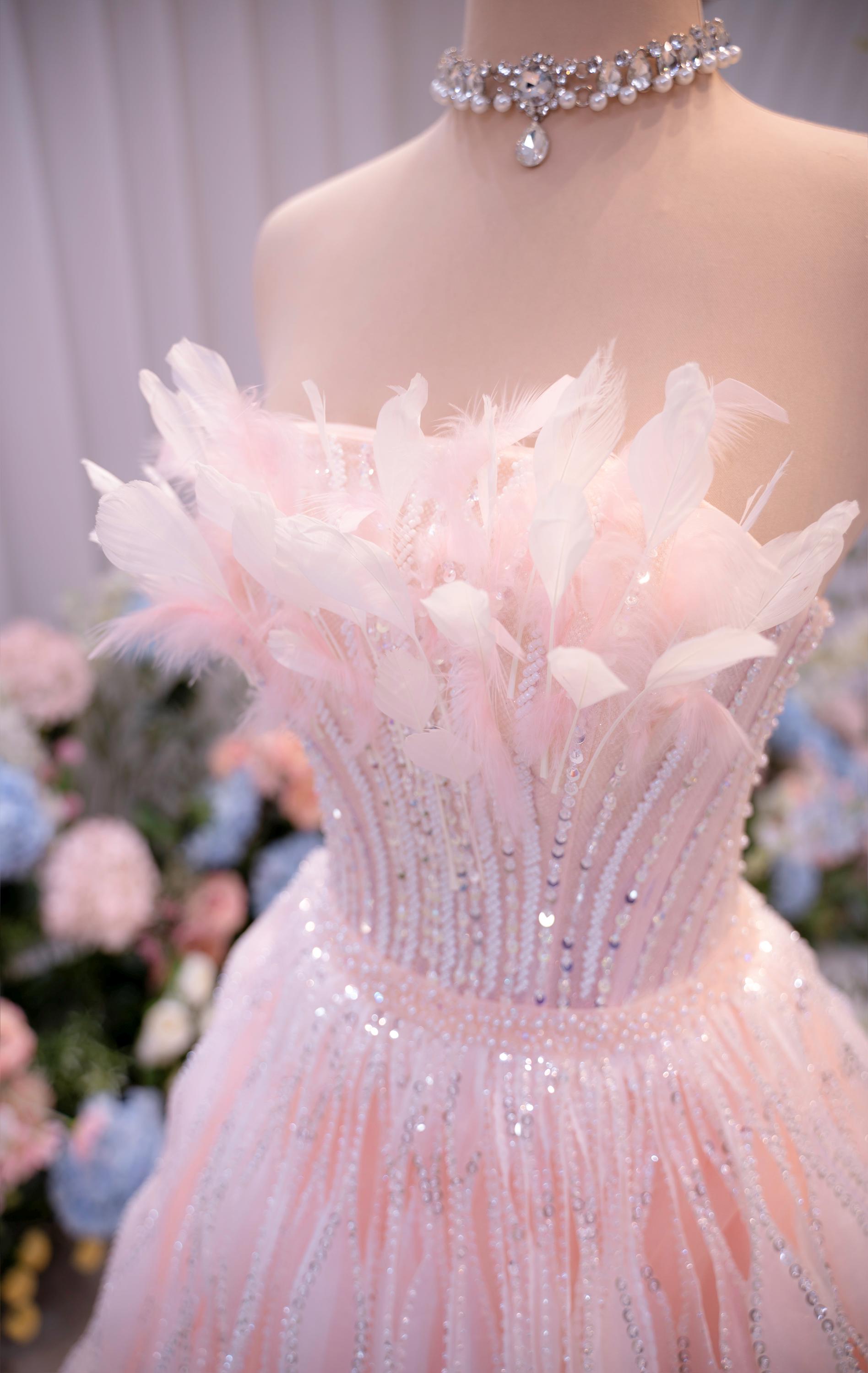 open lace back dress Sochi Gown Hot Pink Feather Evening Dress