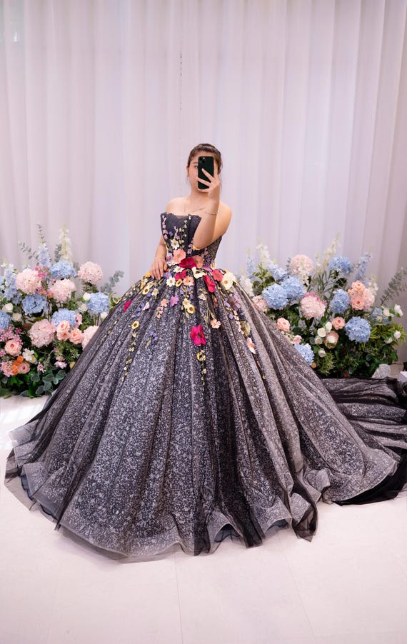 Black Ball Gown With Colorful Floral Appliqus Strapless Evening Prom Dress, 3D Flower Princess Gown, Luxury Couture Formal Dress - Etsy Israel Black Ball Gown With Colorful Floral Appliqus Strapless Evening Prom Dress, 3D Flower Princess Gown, Luxury Couture Formal Dress - Etsy Israel