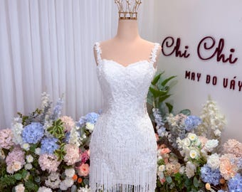 Lace Fringe Mini Wedding Dress | Short Bridal Reception Dress | Sparkly Party Dress | Custom Size Short Wedding Gown | After Party Outfit