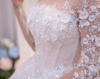 Sparkly Ball Gown Wedding Dress, Off Shoulder Long Sleeve Bridal Gown, 3D Floral Princess Dress, Luxury Wedding Gown