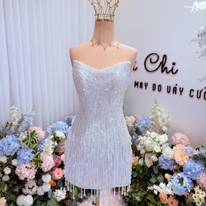 Strapless Sequin Mini Wedding Dress, Short White Bodycon Bridal Gown, Sparkly Cocktail Reception Dress, Handmade Custom Party Dress