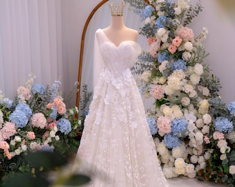 3D Floral A Line Wedding Dress, One Shoulder Lace Bridal Gown, Sweetheart Floral Wedding Dress, Romantic Garden Bridal Gown