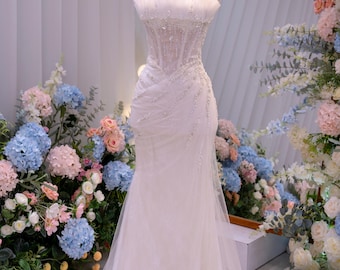 Strapless Mermaid Wedding Dress / Beaded Tulle Bridal Gown / Elegant Fitted Wedding Dress with Train / Lace Mermaid Gown / Custom Made Dress