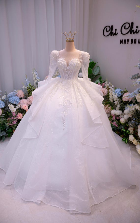 Long Sleeve Sparkly Ball Gown Wedding Dress, Princess Bridal Gown With Layered Tulle Skirt, Luxury Romantic Wedding Dress