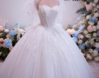 Corset Ball Gown Wedding Dress, Sweetheart Neckline Bridal Gown, Sparkly Tulle Princess Dress, Lace Beaded Wedding Gown