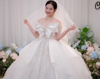 Sparkly Off Shoulder Ball Gown Wedding Dress,Glitter Tulle Bridal Gown with Big Bow, Princess Fairytale Wedding Dress,Handmade Custom Bridal