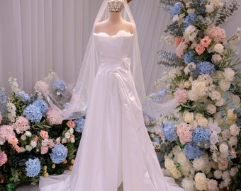 Strapless Satin Wedding Dress, Elegant Off Shoulder Bridal Gown, Simple Minimalist Wedding Dress, Custom Flower Detail Gown