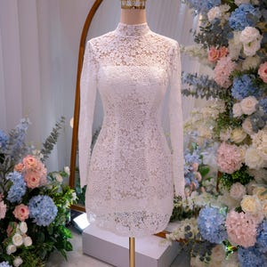 Handmade Short Lace Wedding Dress – High Neck Long Sleeve Mini Bridal Gown, Elegant Custom Made Reception Dress