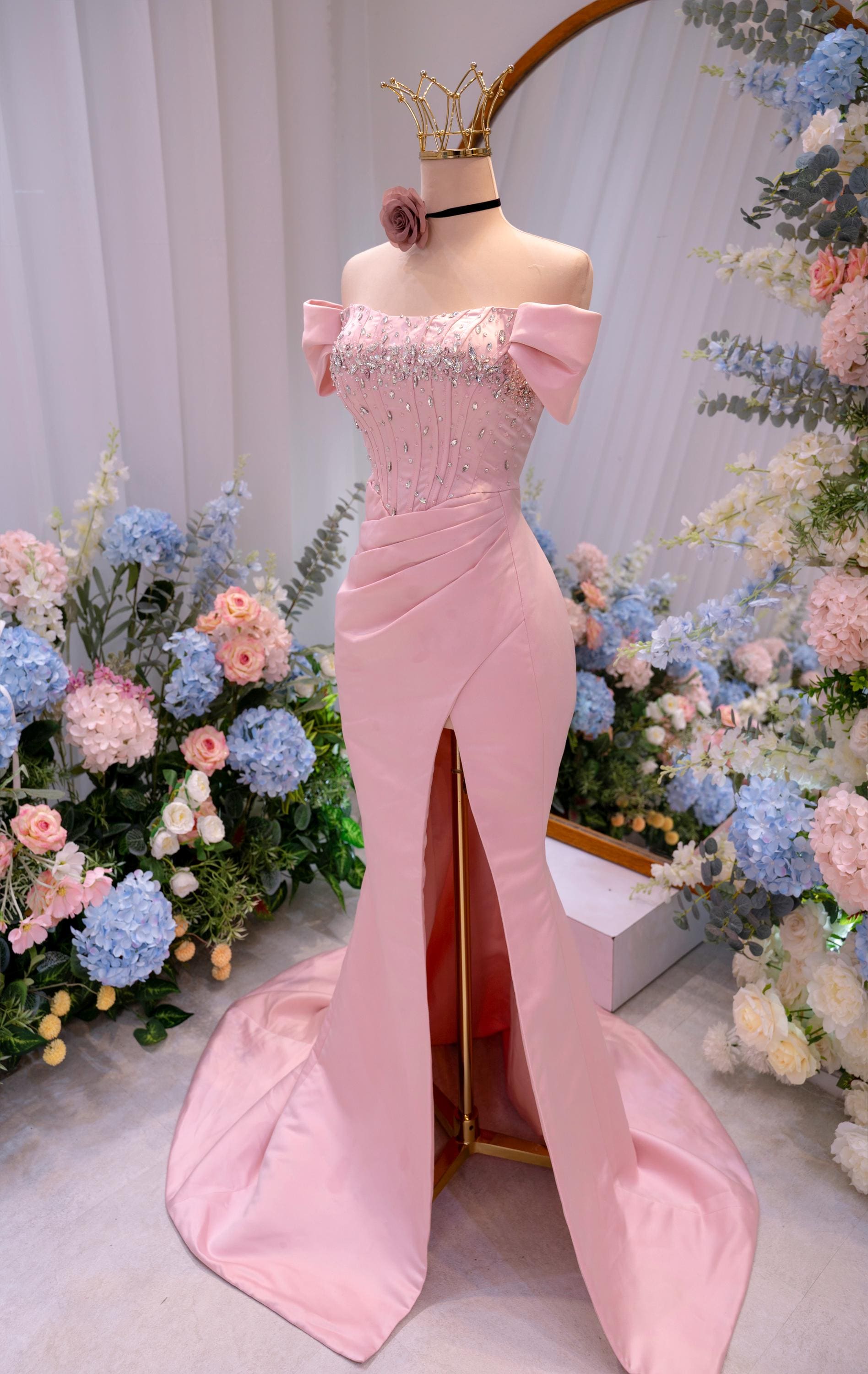 green emerald velvet dress Cassandra Off Shoulder Slinky Maxi Dress / Pale Pink | Meshki main image 1