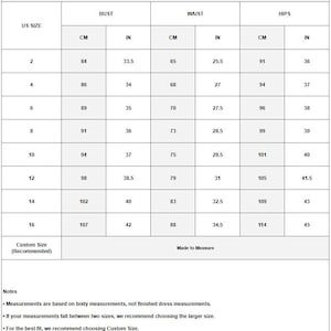 May include: A black and white standard US size chart table displaying body measurements in centimeters and inches for sizes 2 through 16. The chart includes columns for bust, waist, and hip measurements, with a row for custom size options and notes.