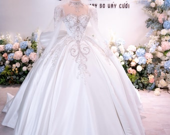 Luxury Crystal Ball Gown Wedding Dress with Long Sleeves – Princess Bridal Gown – Couture Embellished Wedding Dress