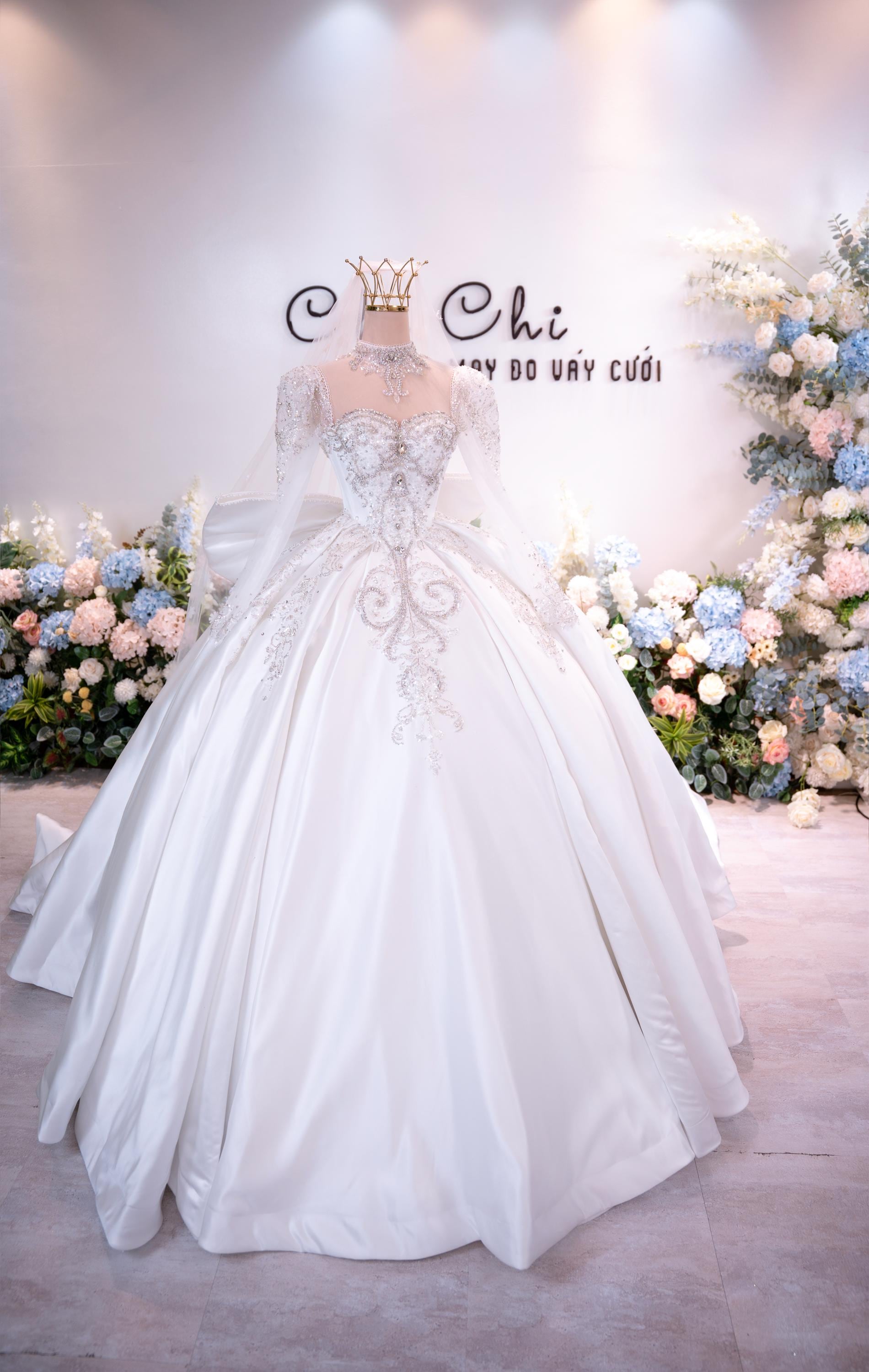 Luxury Crystal Ball Gown Wedding Dress with Long Sleeves - Princess Bridal Gown - Couture Embellished Wedding Dress