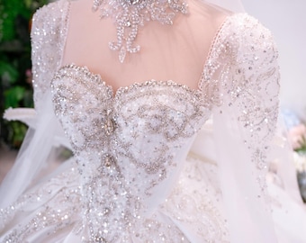 Satin Ball Gown Wedding Dress, Long Sleeve Beaded Corset Bridal Gown, Luxury Princess Wedding Dress, Elegant Bridal Gown