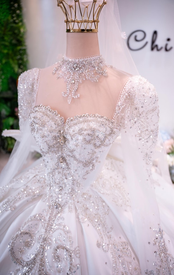 Satin Ball Gown Wedding Dress, Long Sleeve Beaded Corset Bridal