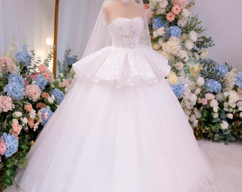 Strapless Lace Peplum Ball Gown Wedding Dress / Tulle Skirt Bridal Gown / Princess Wedding Dress / Elegant Couture Gown / Luxury Bride Dress