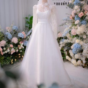 Long Sleeve Lace Wedding Dress, High Neck A-Line Bridal Gown with Satin Waistband, Elegant Vintage Style Wedding Dress, Custom Handmade Gown