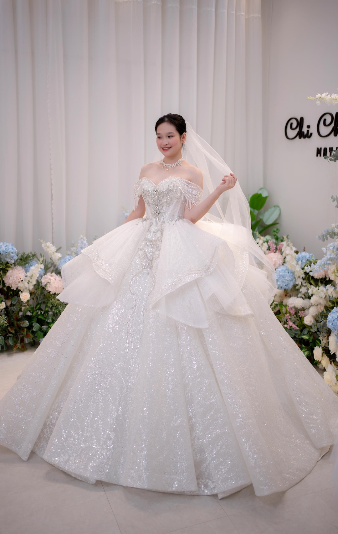 Off Shoulder Sparkly Ball Gown Wedding Dress, Luxury Sequin Princess Bridal Gown, Layered Tulle Fairytale Wedding Dress,Handmade Custom Gown