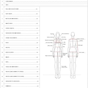 May include: A white measurement instruction form featuring a header, contact fields, and a numbered list of 20 body measurement categories in inches. To the right, two black-and-white line drawings of a human figure illustrate measurement points.