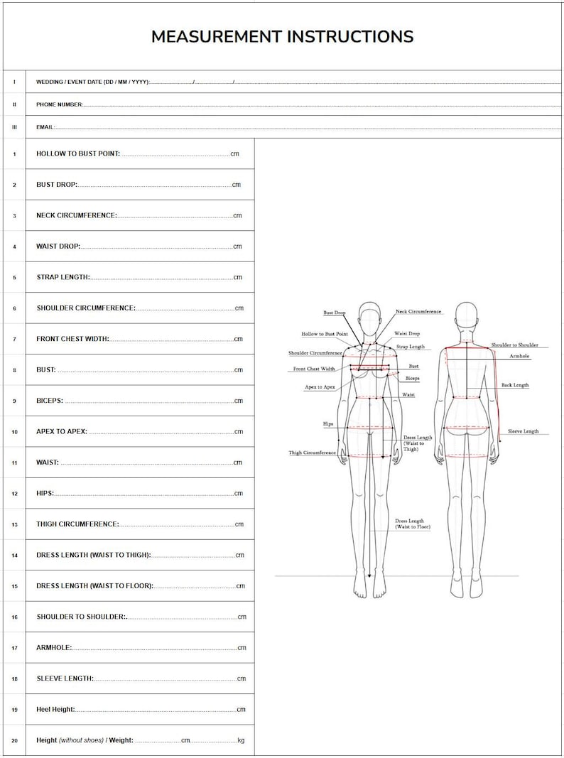 May include: A white measurement instruction form featuring a header, contact fields, and a numbered list of 20 body measurement categories in inches. To the right, two black-and-white line drawings of a human figure illustrate measurement points.