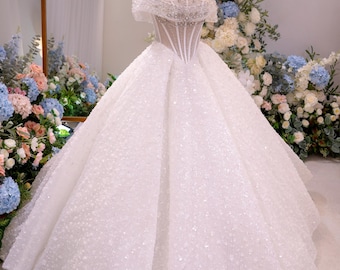 Belise Beaded off the Shoulder Sleeveless Sparkly White Ballgown Wedding  Dress With Tiered Skirt and Glitter Tulle - Etsy