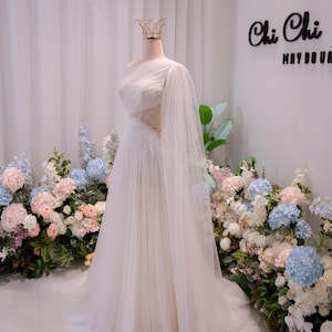 One Shoulder Tulle Wedding Dress, Flowing Ivory Bridal Gown, Elegant Greek Goddess Style Wedding Dress, Custom Handmade A-Line Gown