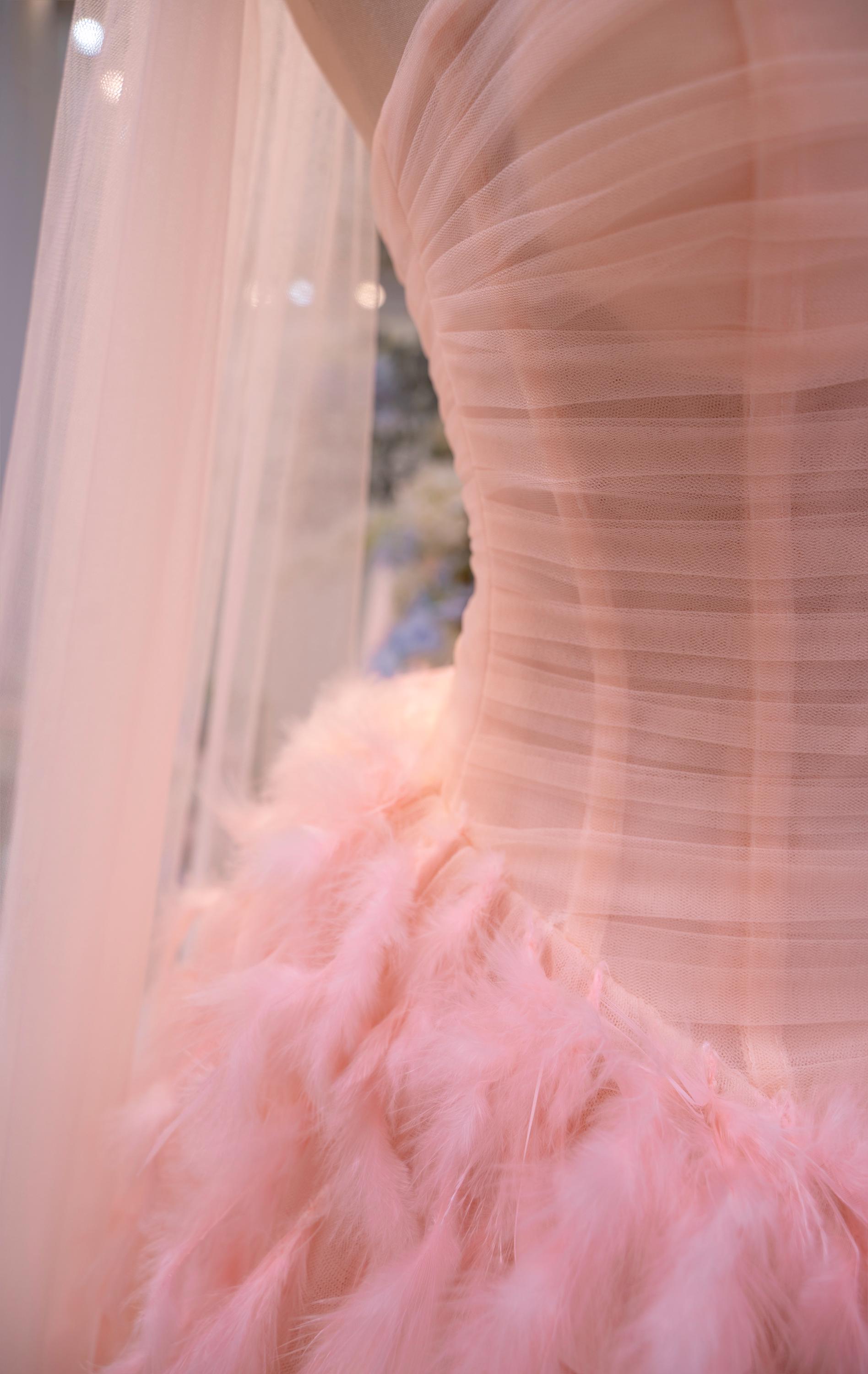 pink wedding dress feathers Blush Pink Wedding Dress Feather A Line Bridal Gown Sheer Corset Bodice With Tulle Cape Sleeves Romantic Princess Gown