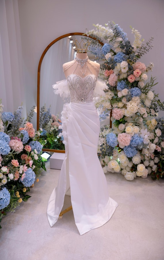 Off Shoulder Mermaid Wedding Dress, Luxury Crystal Beaded Bridal Gown, Satin Fit and Flare Custom Wedding Dress, Handmade Couture Gown