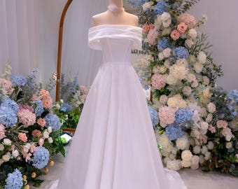 Off Shoulder Satin A Line Wedding Dress | Elegant Simple Bridal Gown | Minimalist Off The Shoulder Satin Wedding Gown with Train