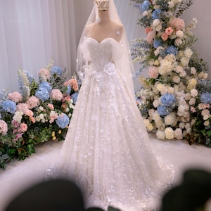 Off Shoulder Lace Wedding Dress, 3D Floral Tulle Bridal Gown with Cathedral Train, Romantic Princess Wedding Dress, Handmade Custom Gown
