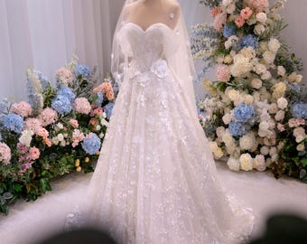 Off Shoulder Lace Wedding Dress, 3D Floral Tulle Bridal Gown with Cathedral Train, Romantic Princess Wedding Dress, Handmade Custom Gown