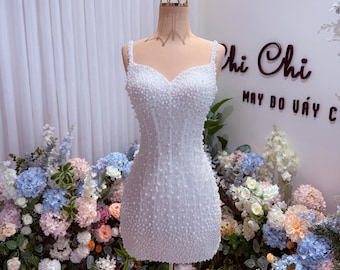 Mini Pearl Beaded Wedding Dress | Short Bodycon Bridal Dress | Elegant Reception Dress | Sparkly Cocktail Dress | Custom Handmade Gown
