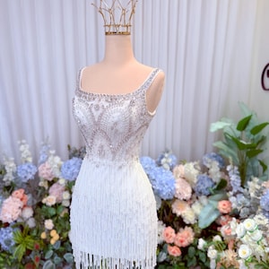 Fringe Mini Wedding Dress | Pearl Beaded Sequin Bridal Dress | Short Reception Dress | Sparkly Party Dress | Custom Engagement Dress