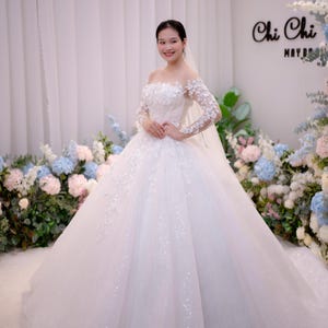 Long Sleeve Off Shoulder Wedding Dress, Lace Ball Gown Bridal Gown with Sequins, Elegant Sparkly Princess Wedding Dress,Custom Handmade Gown