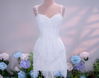 Puede incluir: Un vestido corto blanco con escote corazón, tirantes finos y un intrincado bordado de encaje en el corpiño. La falda está adornada con largos flecos blancos superpuestos que cuelgan desde la cintura hasta el dobladillo, creando un efecto texturizado.