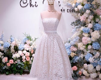 Tea Length Lace Wedding Dress, Strapless A-Line Bridal Dress, Short Wedding Gown, Reception Dress, Civil Ceremony Dress, Custom Bridal Gown