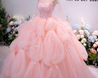 Pink Ball Gown Wedding Dress, Blush Tulle Bridal Gown, Strapless Corset Wedding Dress, 3D Floral Princess Bridal Gown
