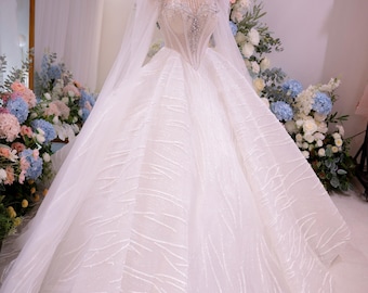 Luxury Long Sleeve Ball Gown Wedding Dress – High Neck Crystal Beaded Bridal Gown, Sparkly Glitter Tulle Skirt, Elegant Princess Bride Dress