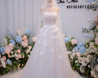 Strapless A-Line Wedding Dress with 3D Floral Appliques, Romantic Tulle Bridal Gown, Custom Corset Bodice Wedding Dress