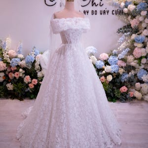 Off Shoulder Lace Ball Gown Wedding Dress, Bridal Gown with Train, Elegant Lace Wedding Dress, Plus Size Wedding Dress, Custom Made Bridal