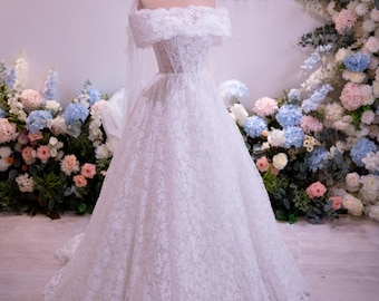 Schulterfrei Spitze Ballkleid Brautkleid, Brautkleid mit Schleppe, Elegante Spitze Brautkleid, Plus Size Hochzeitskleid, Maß Braut