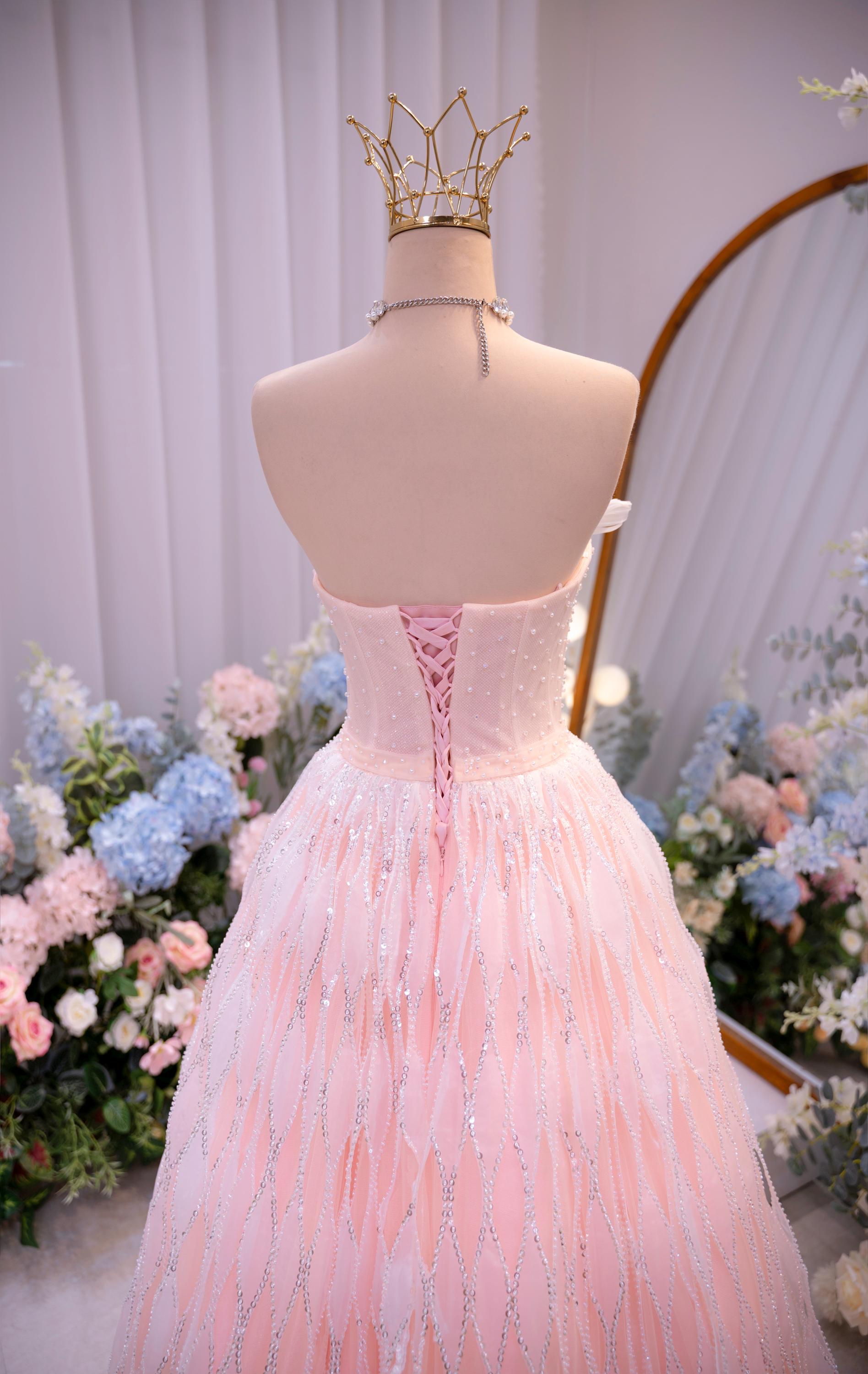 Strapless Pink Wedding Dress - Feather Bodice Ball Gown - Sequin Bridal Dress - Blush Princess Gown - Fairy Tale Evening Dress Strapless Pink Wedding Dress - Feather Bodice Ball Gown - Sequin Bridal Dress - Blush Princess Gown - Fairy Tale Evening Dress