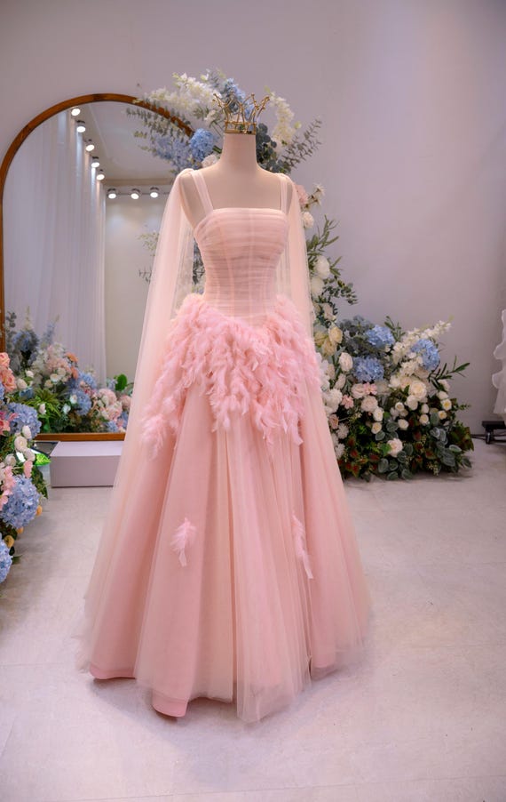 pink feather wedding dress Blush Pink Wedding Dress – Feather A Line Bridal Gown – Sheer Corset Bodice  With Tulle Cape Sleeves – Romantic Princess Gown