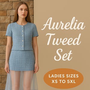 May include: Aurelia Tweed Set in light blue. The set includes a short-sleeved jacket with buttons and a matching skirt with a sheer overlay. The text on the image says "LADIES SIZES XS TO 5XL".