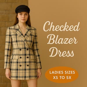 May include: A woman in a tan and black checked blazer dress, black cap, and white trainers. The image text says "Checked Blazer Dress" and "Ladies Sizes XS to 5X".