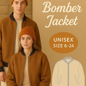 May include: A unisex bomber jacket in a warm brown color with black trim on the collar and cuffs. The image also shows a matching beanie. The text on the image says "Bomber Jacket" and "UNISEX SIZE 6-24".