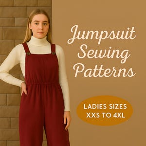 May include: A woman wearing a burgundy jumpsuit with a white turtleneck and white sneakers. The jumpsuit has buttoned straps and a gathered waist. Text on the image reads "Jumpsuit Sewing Patterns" and "Ladies Sizes XXS to 4XL".