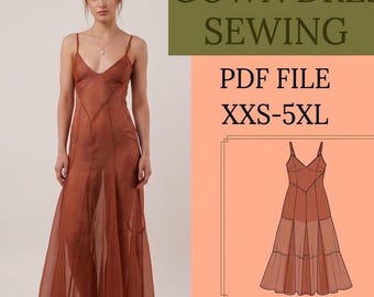 Avondjurk naaipatroon formele v-hals maxi-jurk XXS-5XL bruidsmeisje slip digitale download